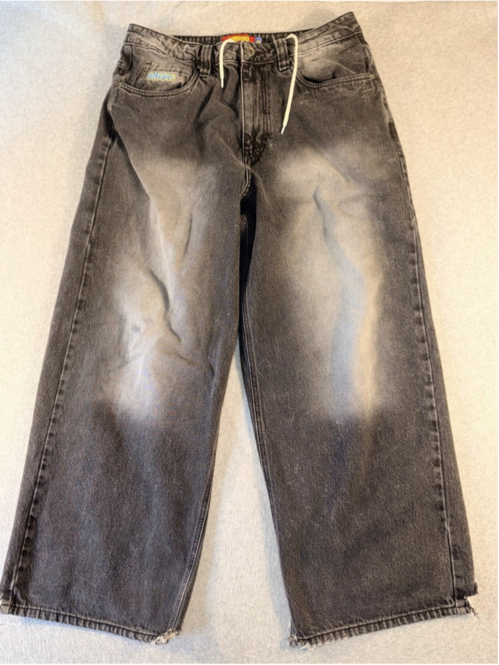 Empyre Baggy Skate Jeans Men’s 32 Washed Black Gray Drawstring Frayed Hem